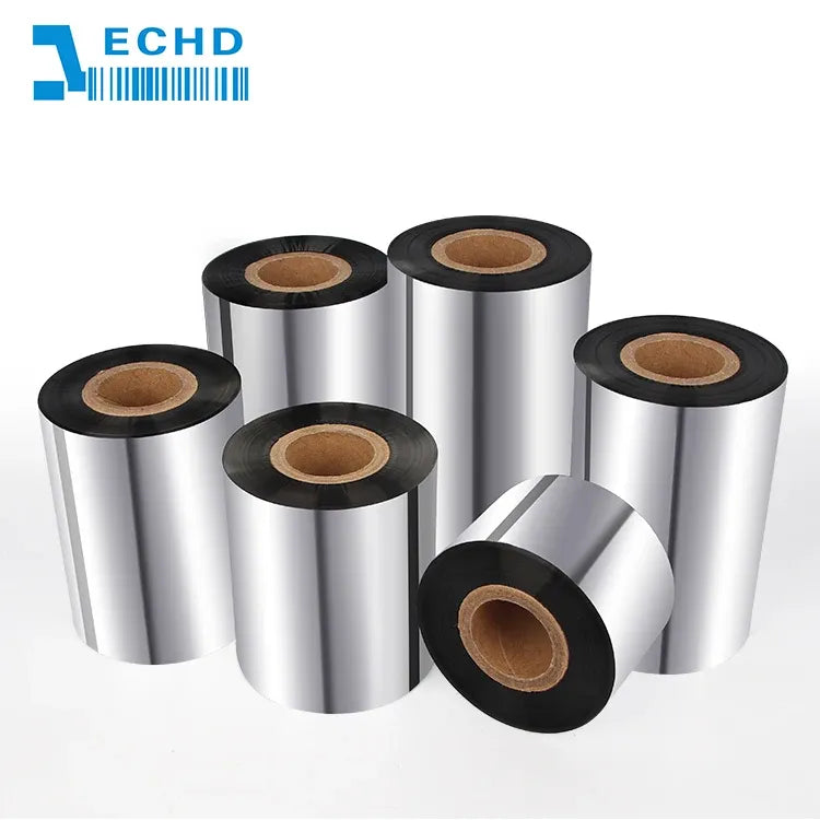 Multiple barcode ribbon rolls with shiny silver film and black outer rims