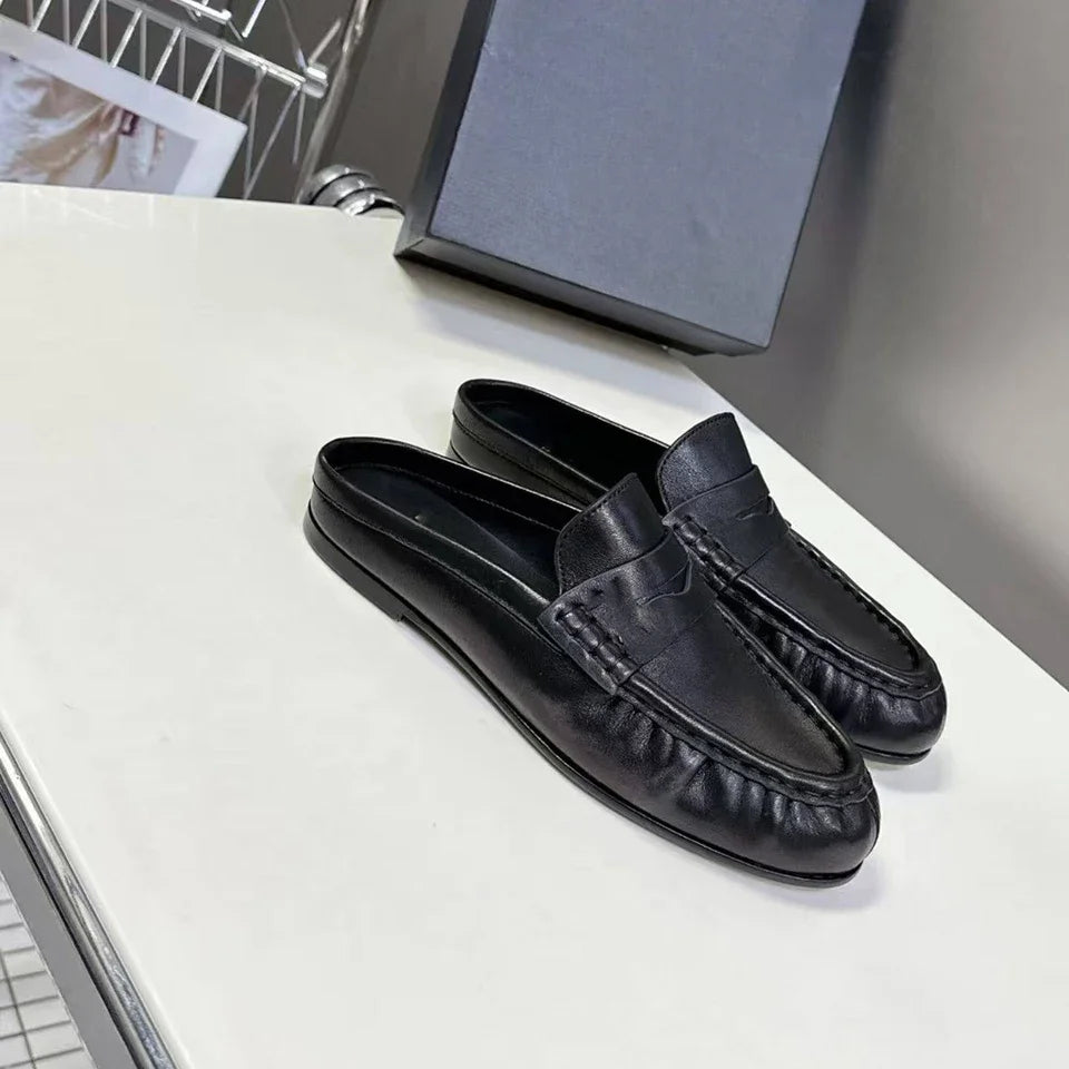 Women's Genuine Leather Loafers Ruched Backless Mules Comfortable Flat Slip-ons Soft Casual Walking Shoes Spring Slides