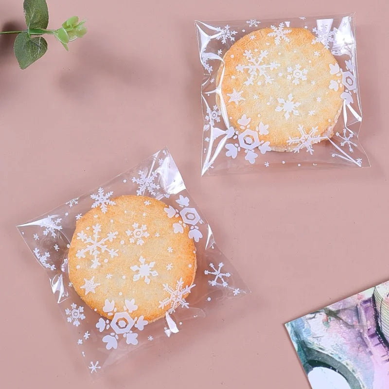 100 Counts Snowflake Treat Bags Self Adhesive Cookie Bags Resealable Cellophane Treat Bags