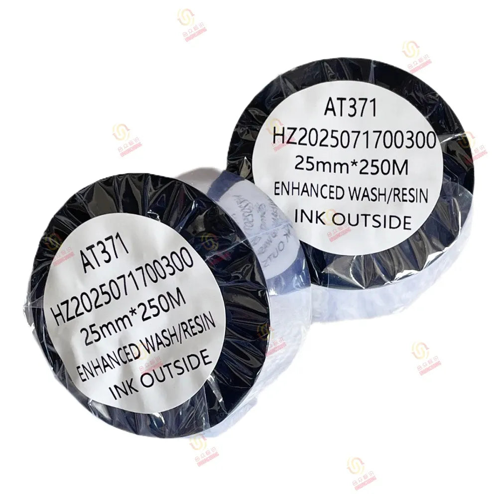 Two rolls of enhanced wash/resin thermal transfer ribbon with AT371 label