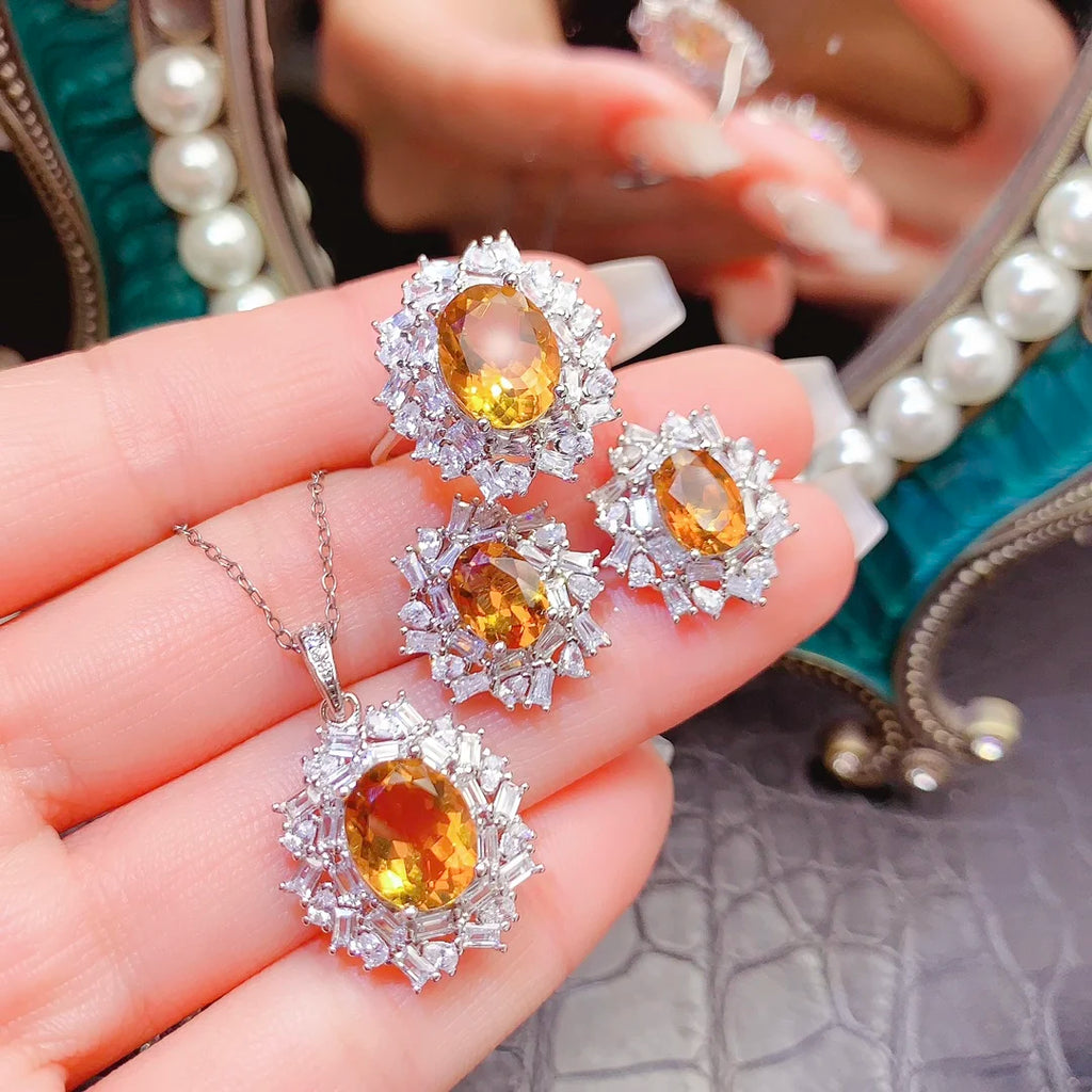 New Design 925 Sterling Silver 18k White Gold Plated Natural Citrine Luxury Women Gemstone Fine Jewelry Set Wedding Party CMA