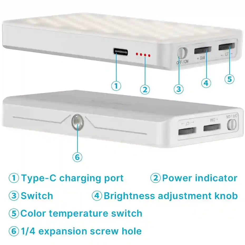 White rectangular LED light panel with Type-C port, power display, brightness/temperature dials, and mounting hole.