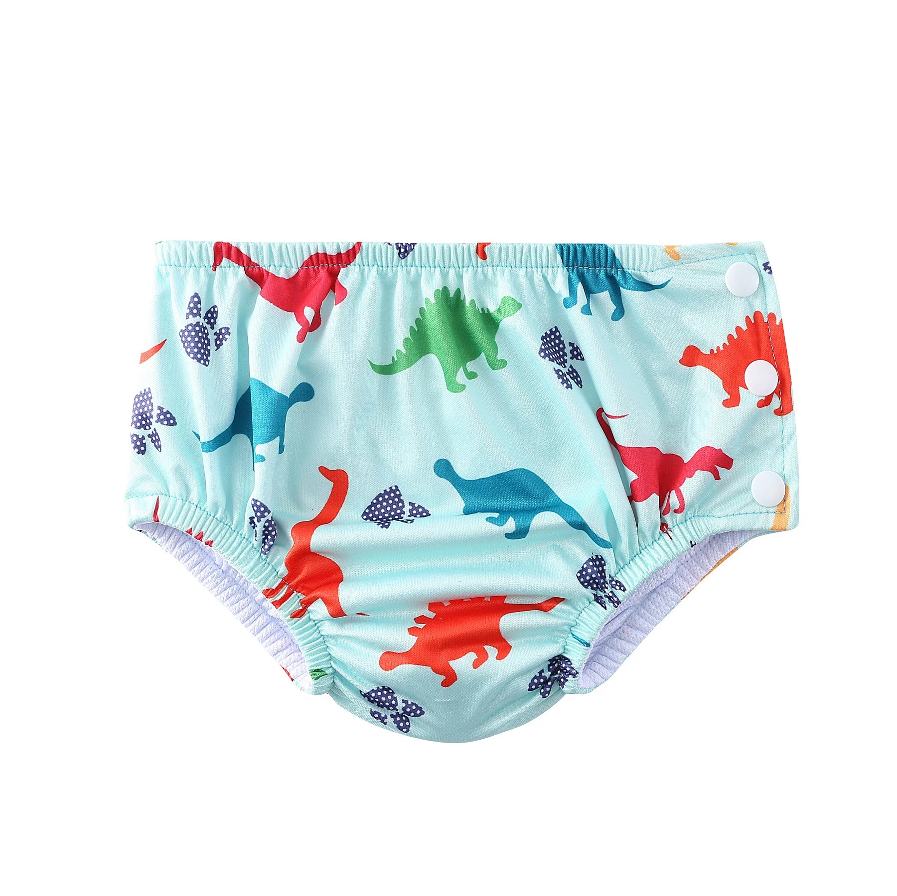 Reusable baby swim diaper featuring colorful dinosaur print and side snap closures for easy changes.