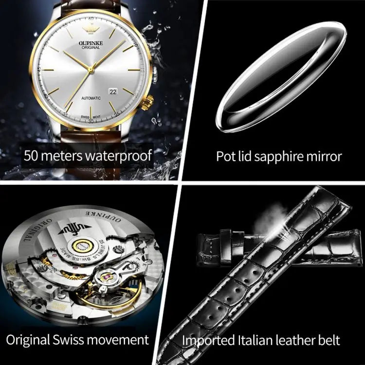 OUPINKE 3269 Original Luxury Ultra Thin Watch Men Automatic Mechanical Slim with Date Brand Leather Wristwatch Relogio Masculino