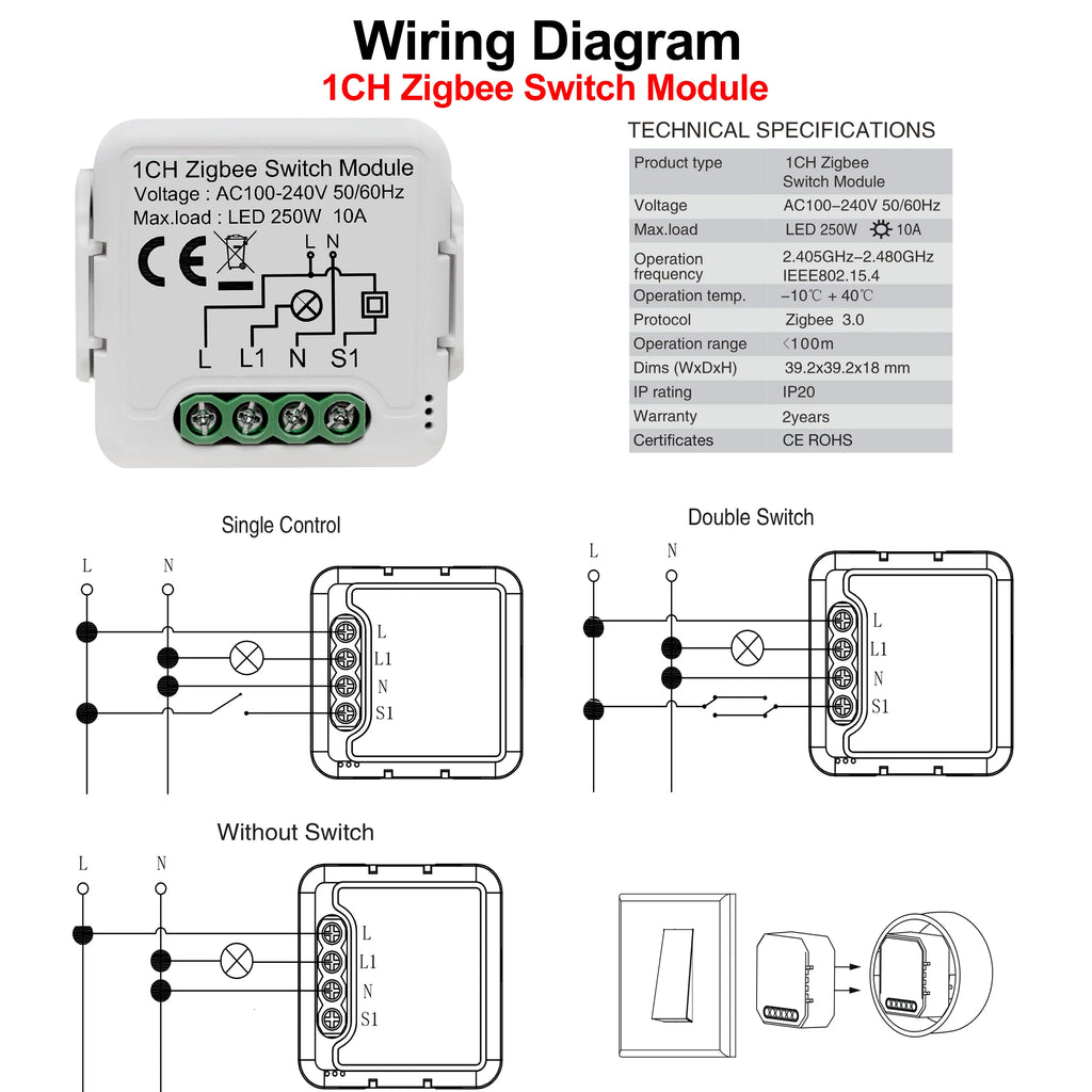 GIRIER Tuya ZigBee 3.0 Switch Module 10A Smart Home DIY Breaker 1 2 3 4 Gang Supports 2 Way Control Works with Alexa Google Home
