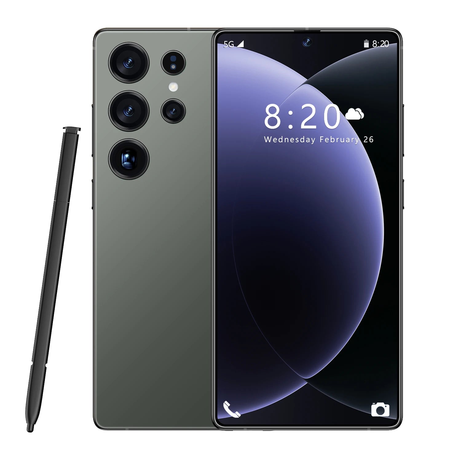 Tidesmit S26 Ultra 5G smartphone with 7.3-inch HD display, 16GB RAM, 1TB storage, and 108MP camera in Spanish.