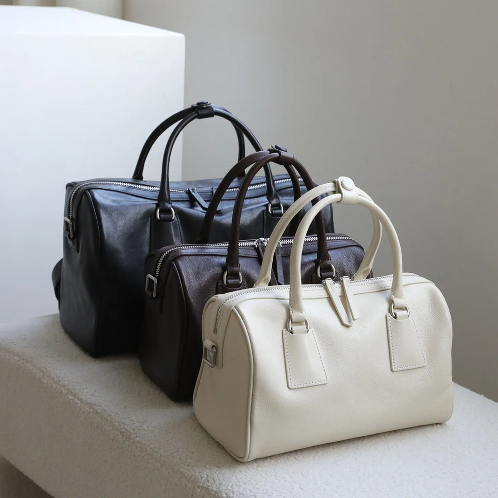 Vegetable-tanned Leather Luxury Minimalist Classic Two Zip Water Resistant Vintage Large-capacity Tote Handbag Boston Bag