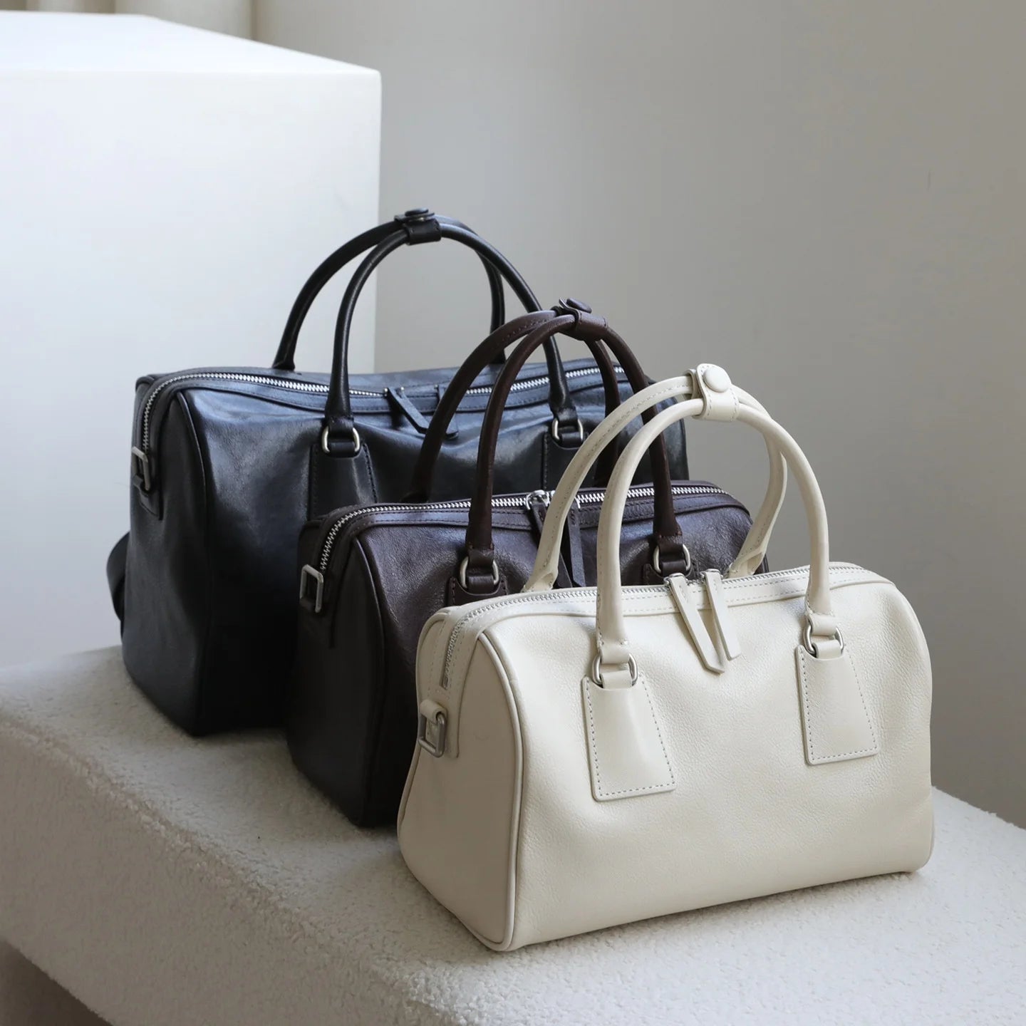 Vegetable-tanned Leather Luxury Minimalist Classic Two Zip Water Resistant Vintage Large-capacity Tote Handbag Boston Bag