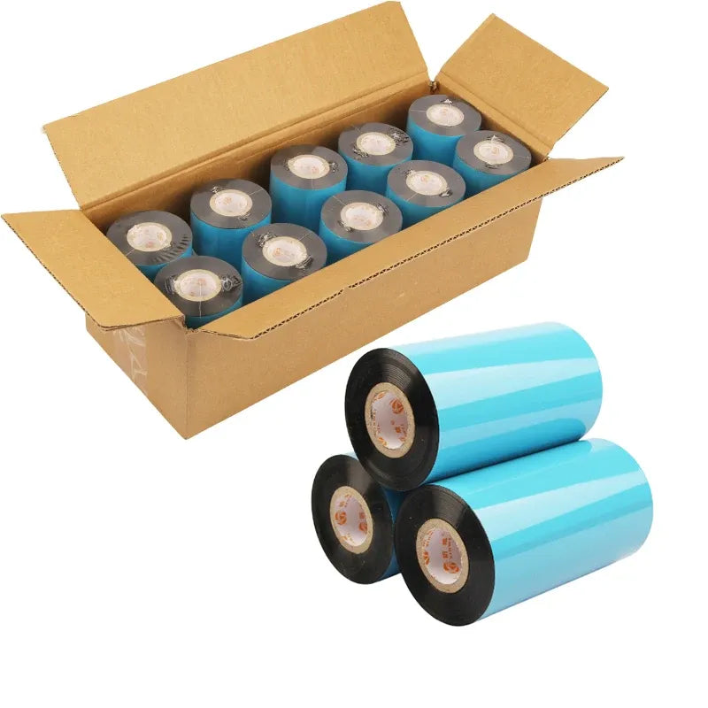 Blue wax ribbon rolls in open cardboard box with loose ribbon spool