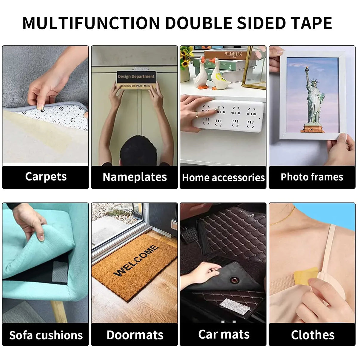 Multifunction double-sided fabric tape shown for carpets, mats, frames, and clothes