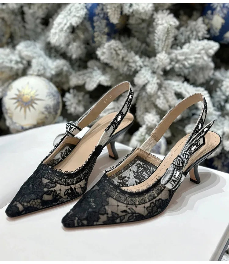 Women Shoes Sexy Stiletto Pointed Toe Transparent Mesh Embroidery Heels, Elastic Strap Evening Footwear for Club Party Occasions