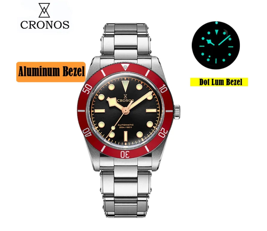 CRONOS Men Automatic Watch 37mm Mechanical Wristwatch Sapphire Diver 20ATM Waterproof BGW-9 Luminous PT5000 SW200 Ceramic Bezel