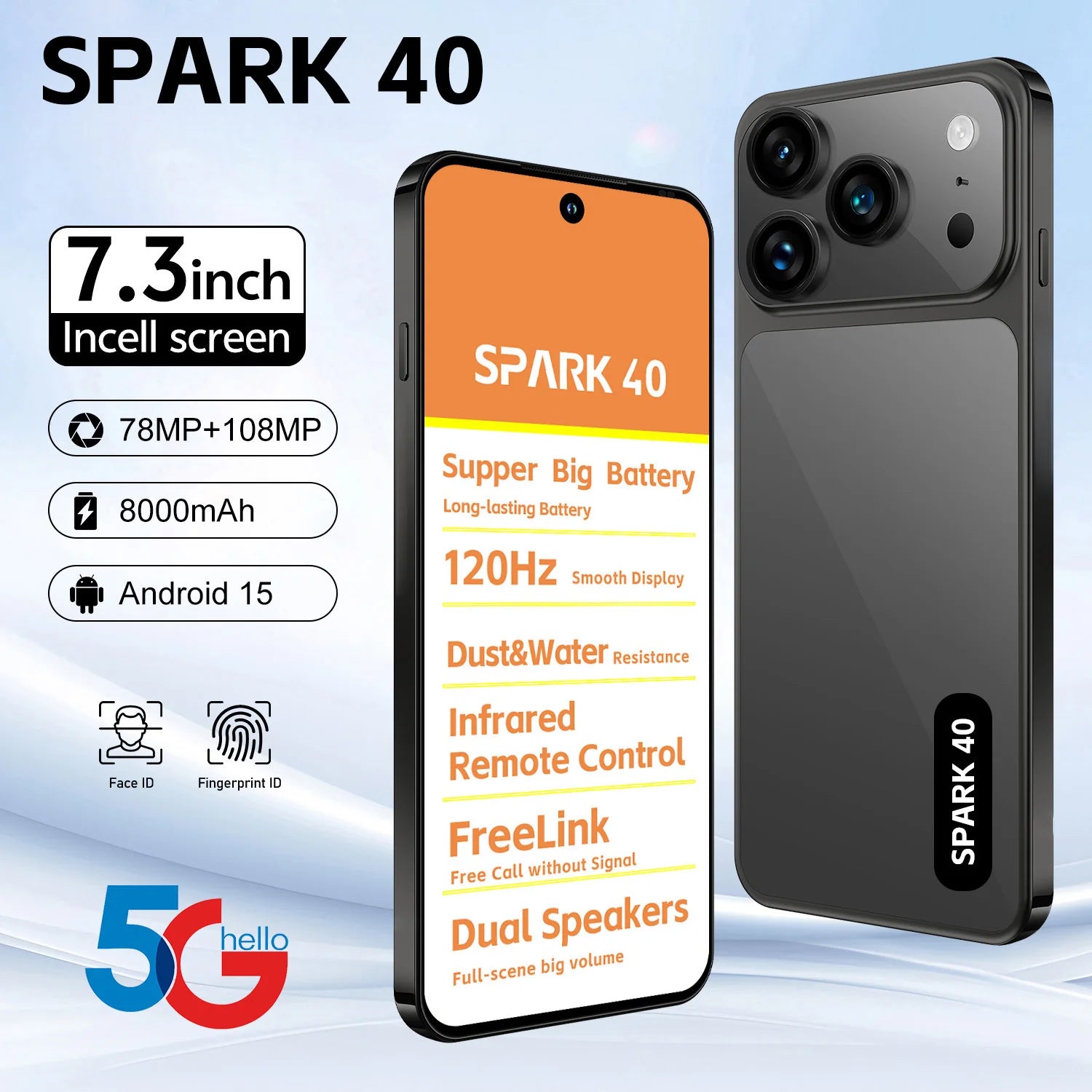 SPARK 40 5G smartphone showing front and back design with 78MP and 108MP dual camera lenses and 8000mAh battery