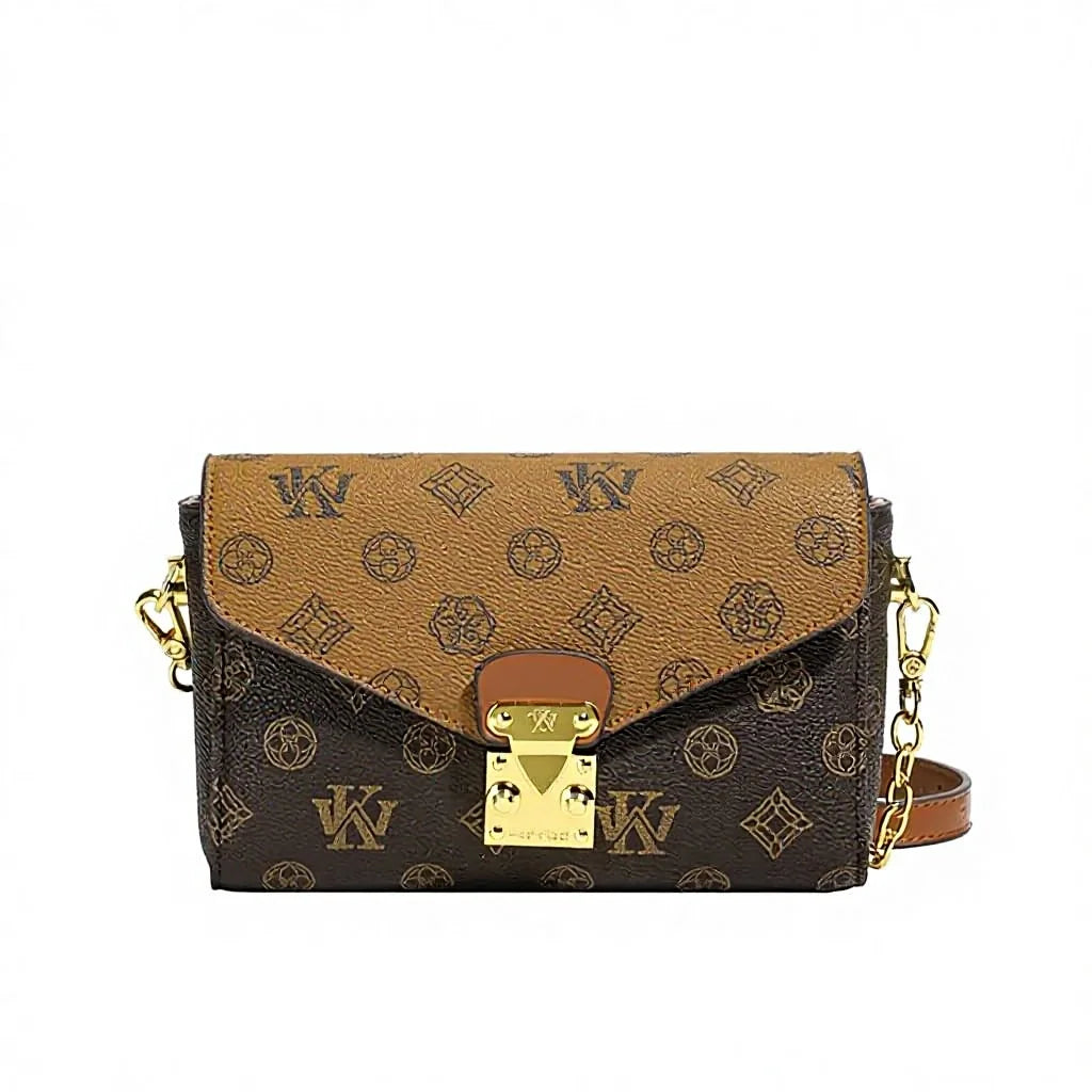 Two-tone brown monogram leather envelope crossbody bag with gold hardware and chain shoulder strap.