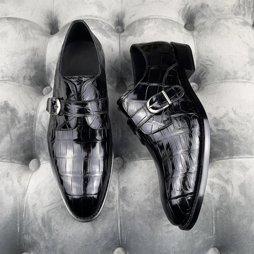 Newest Black Men Shoes Leather Comfort Slip-On High-end Handmade Men Dress Shoes Monk Strap Genuine Crocodile Leather Men Shoes