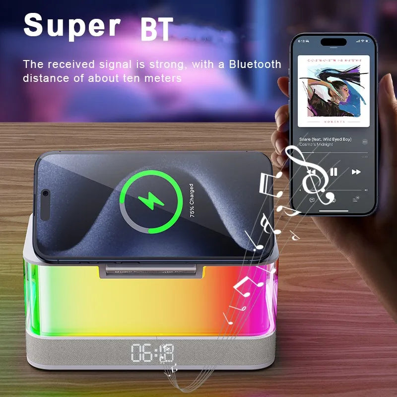 Hot Products 2025 Trend Multi Functional Alarm Clock Wireless Charger RGB Night Light BT Music Speaker 6 in 1 Wireless Charger Tidesmit