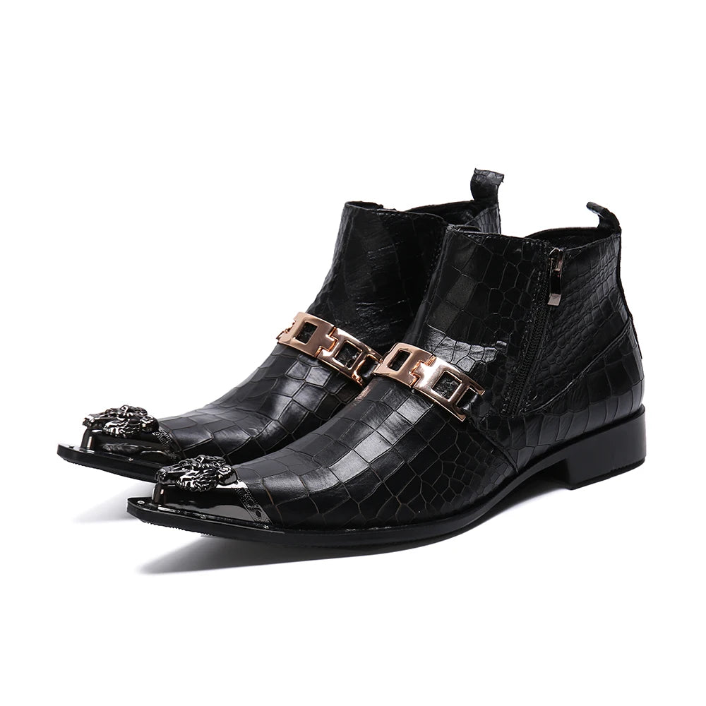 NA316 Fashion Black Color Men Real Leather Ankle Boots Metal Pointed Toe Formal Boots Men Short Boots Business Oxford Shoes