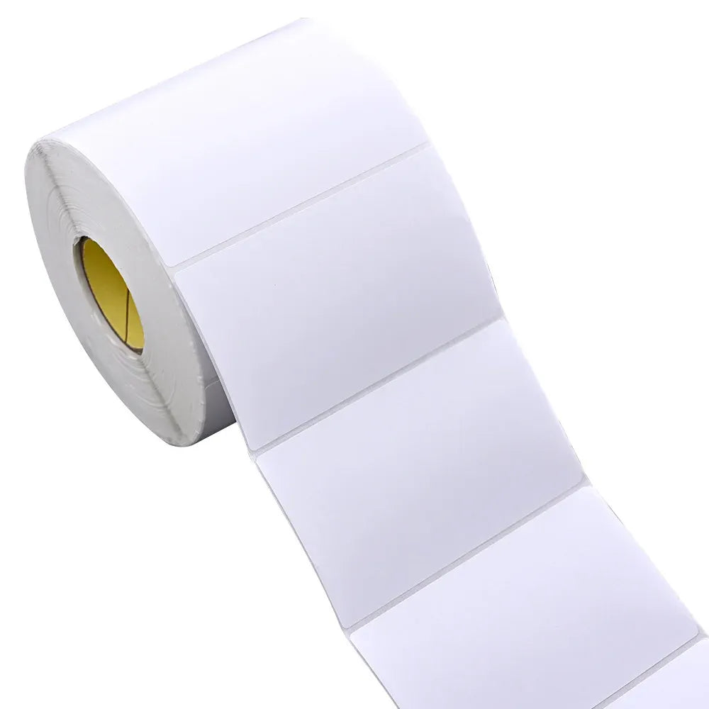 White label roll with blank rectangular label tape, shown from the side.