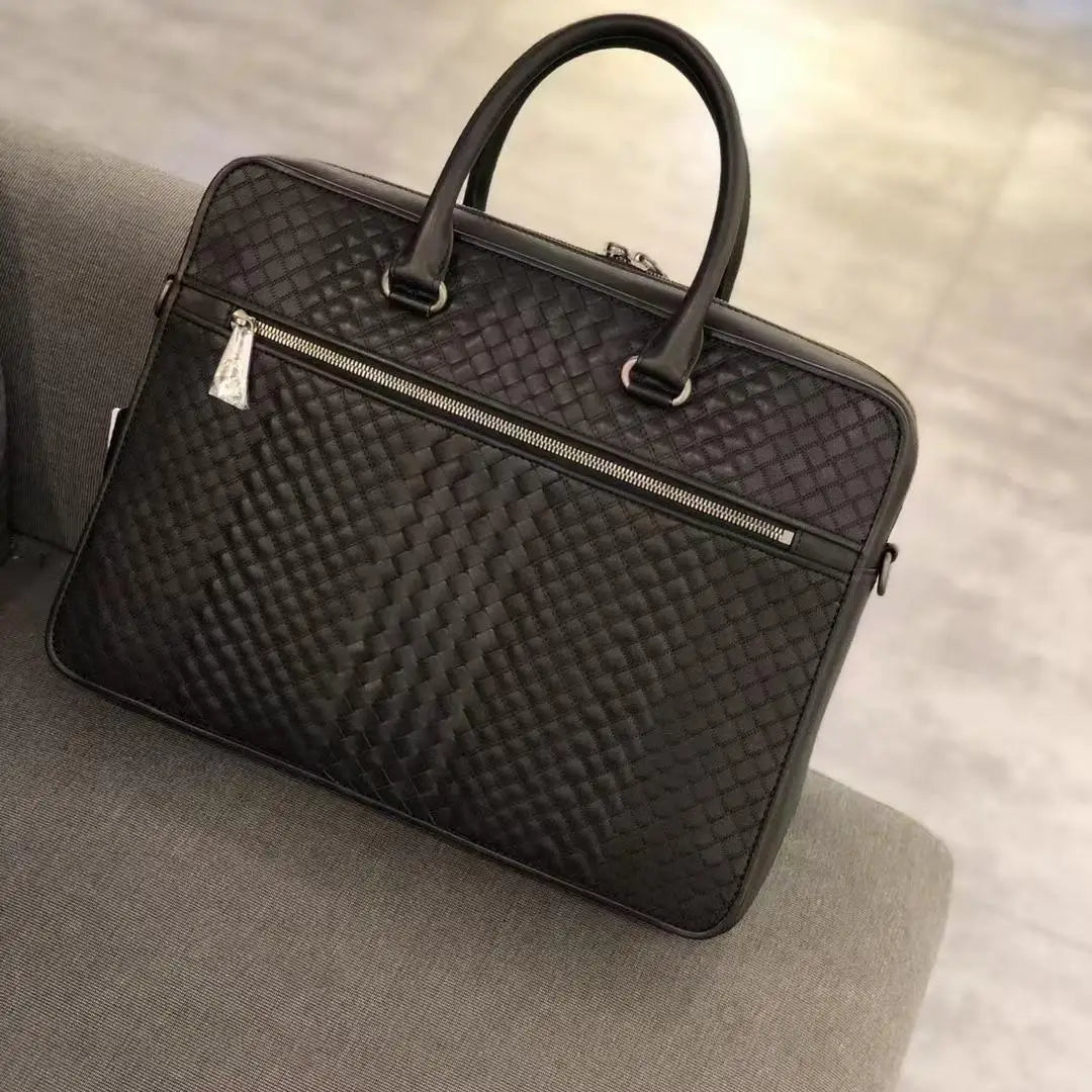Luxury Embroidered Woven Leather Briefcase Men Imported Waxed Calfskin Slim Laptop Bag 13 Inch Business Office Handbag