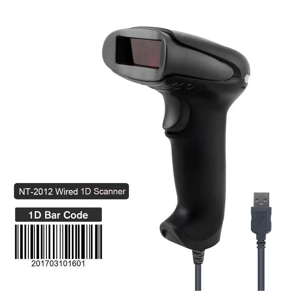 Black 1D wired handheld barcode scanner with USB cable and scan window on top