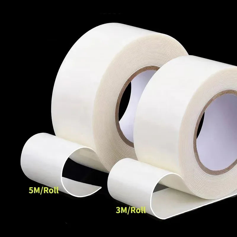 White double-sided foam mounting tape rolls, 3m and 5m sizes shown