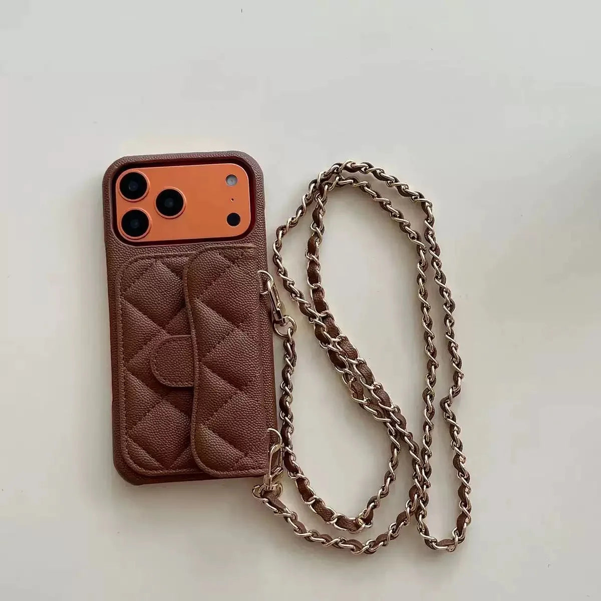 High End Embossed PU Leather Solid Color Crossbody Chain Wallet Card Anti-drop Cover Mobile Phone Cases for 15 Pro