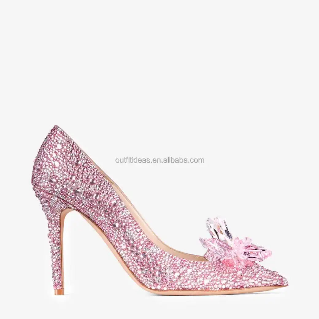 Handmade Embroidered Genuine Leather Sexy Designer Crystal Sandals Stiletto Wedding Shoes Silver Crystal Pointy Toe Bridal Pumps
