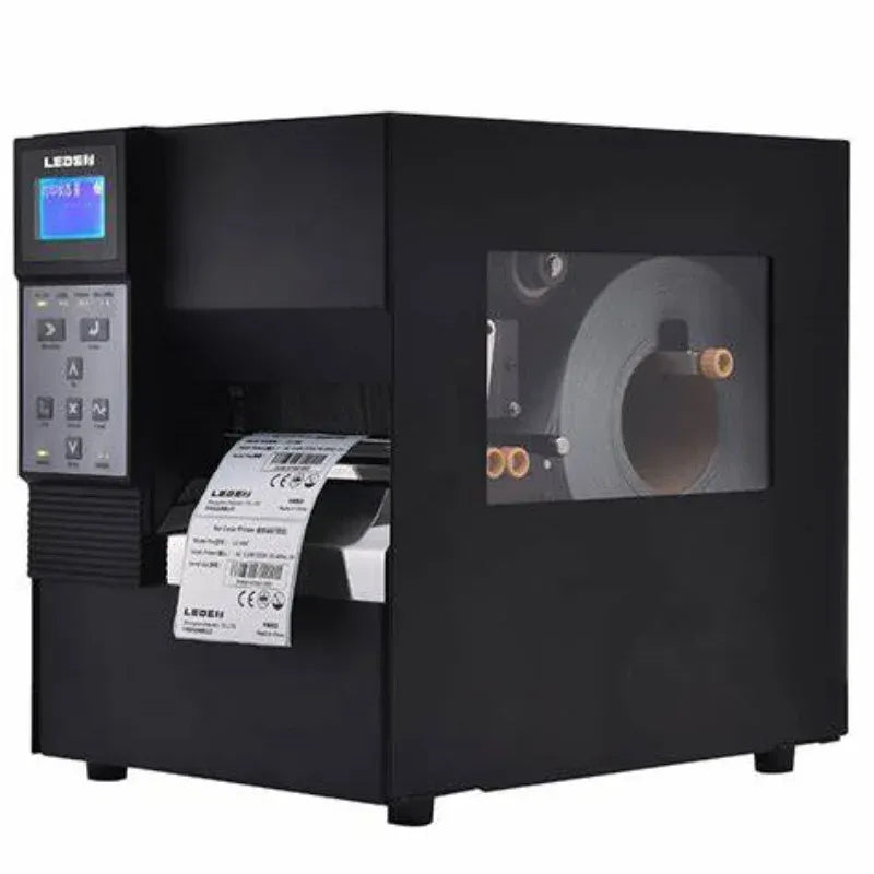 Black thermal transfer label printer showing a label roll inside output chamber