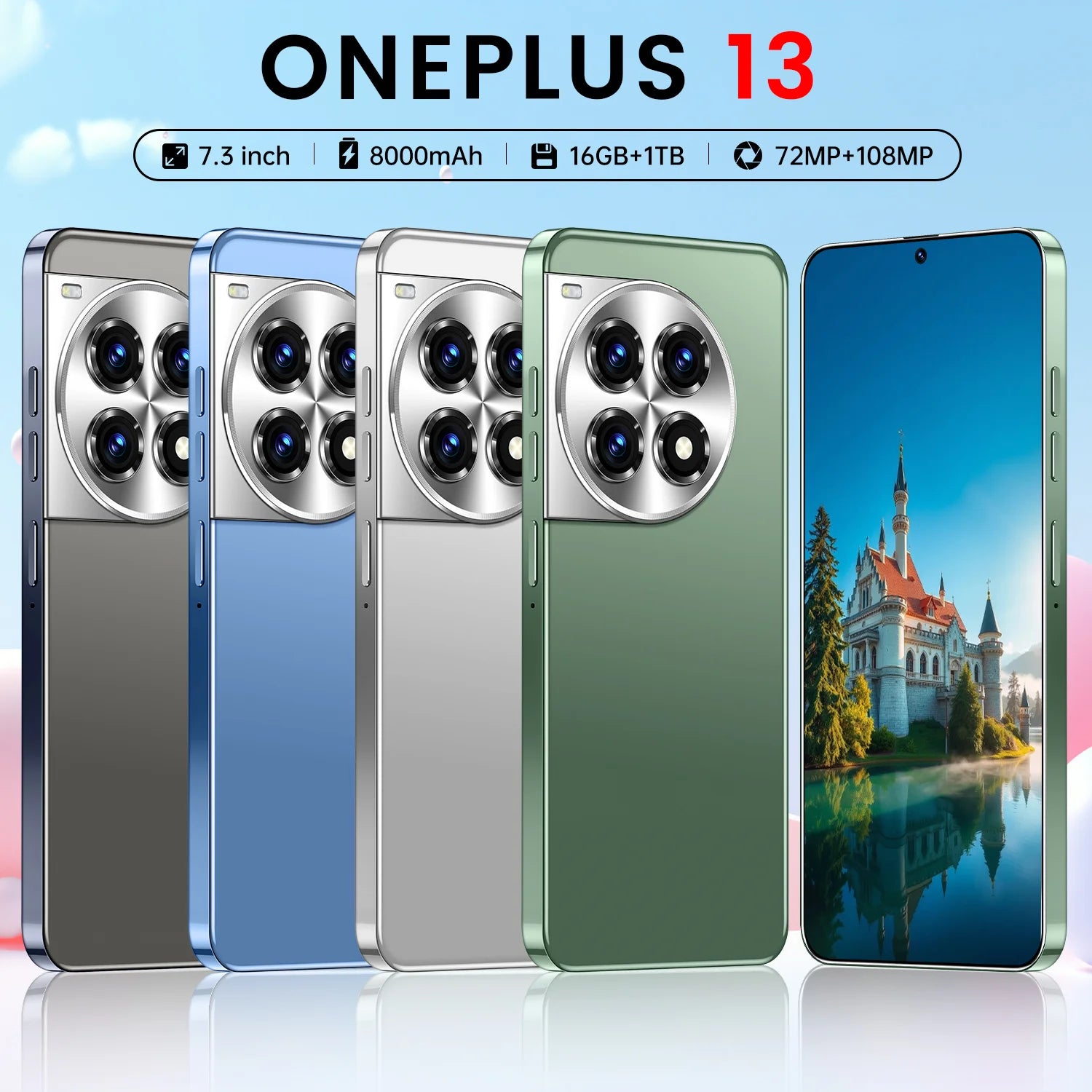 OnePlus 13 5G smartphone with 16GB RAM and 1TB storage featuring a 7.3-inch 90Hz OLED display and 108MP camera