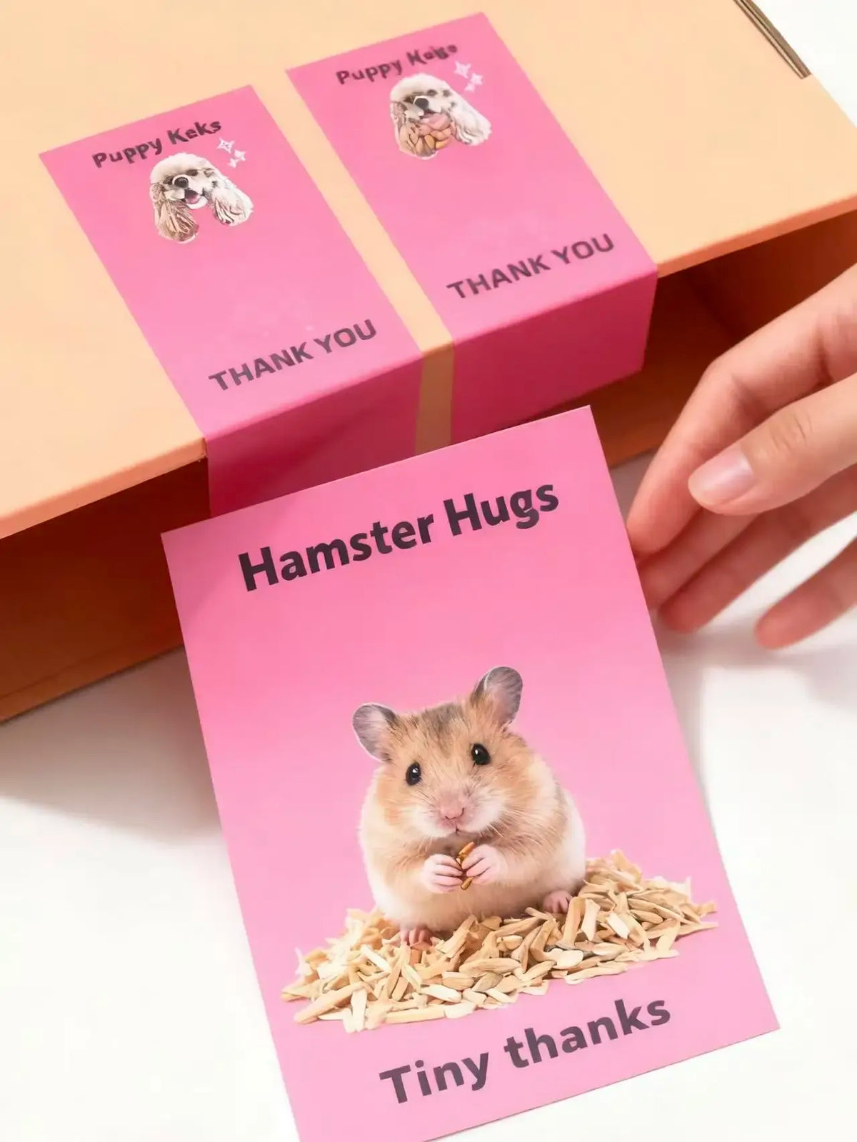 Pink thank-you hamster gift seal sticker sheet with 'Hamster Hugs' title