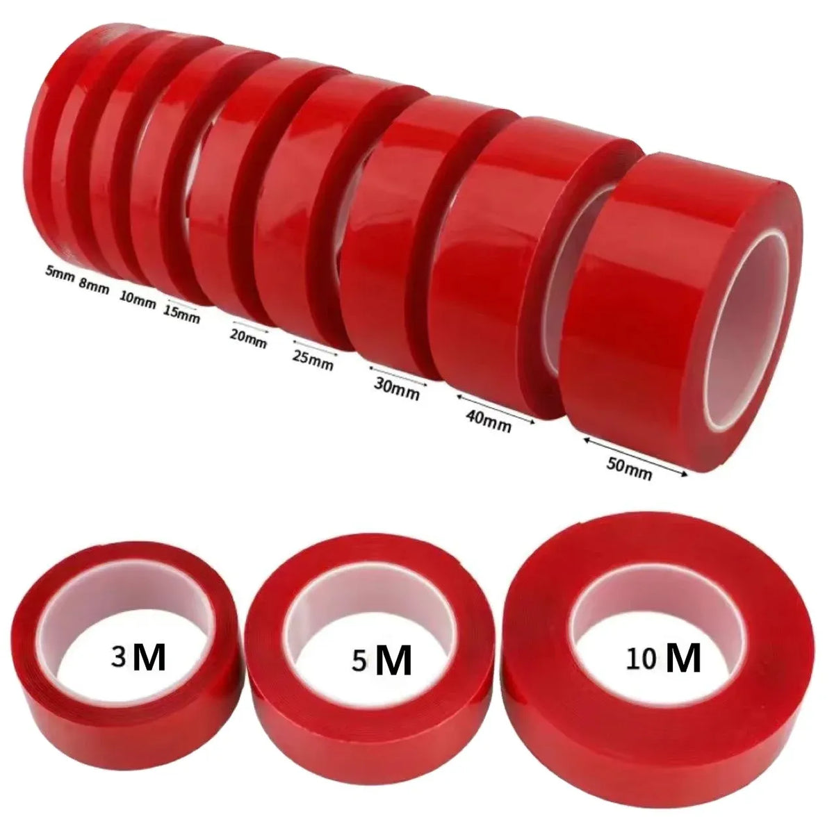 Red double-sided polyester tape roll set with width labels and 3M, 5M, 10M