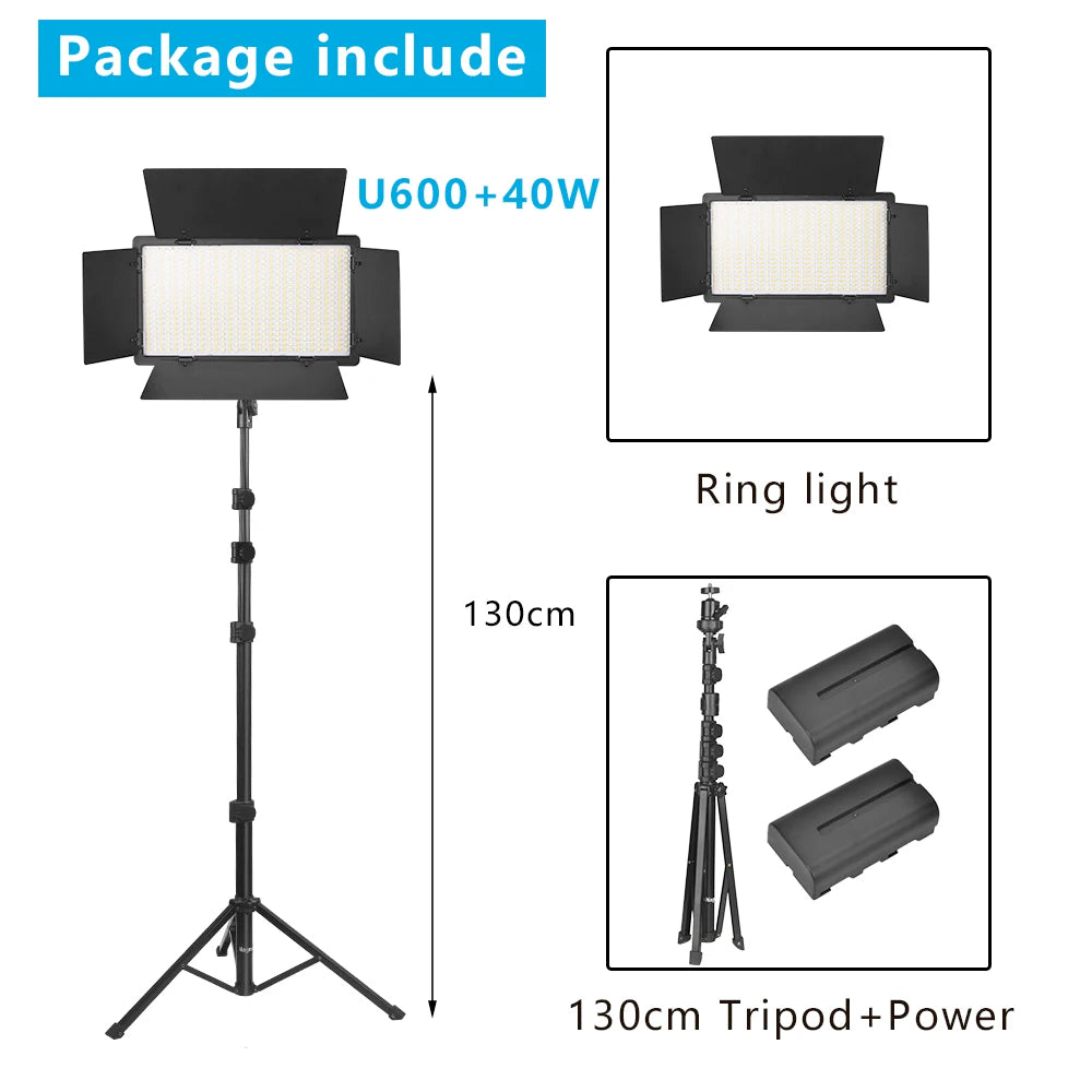 U600 40W rectangular LED panel light with black barndoors on a 130cm adjustable tripod stand, plus two batteries.
