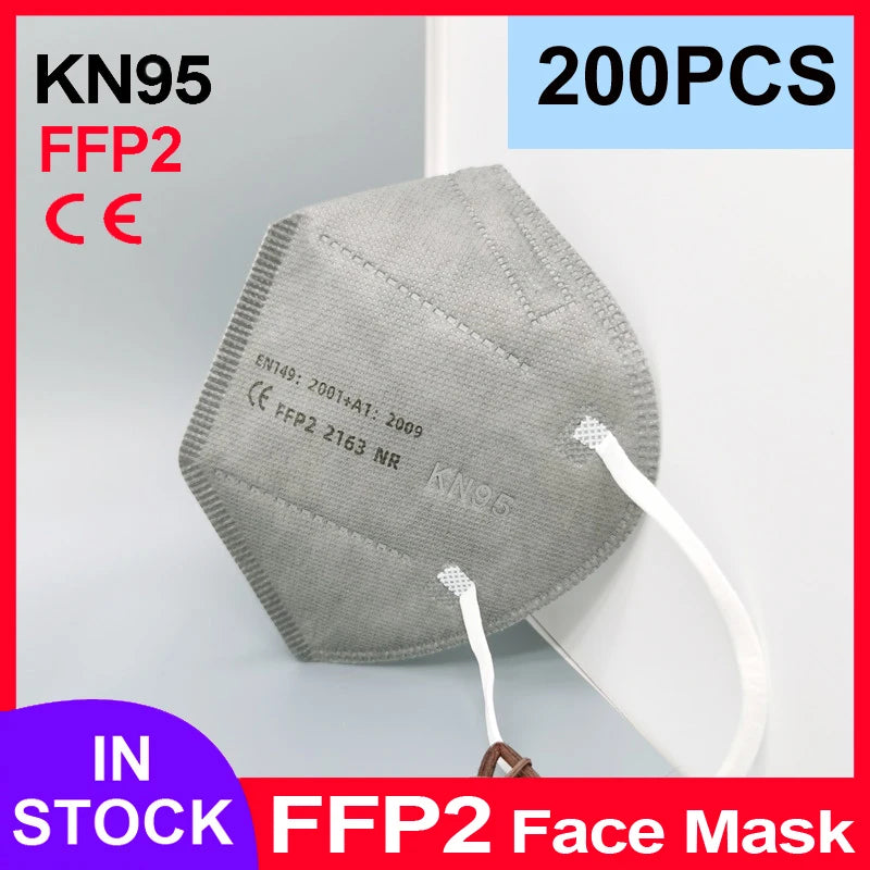 Gray 5-layer FFP2 KN95 face mask with white ear loops, CE certified, breathable textured fabric for adult protection.