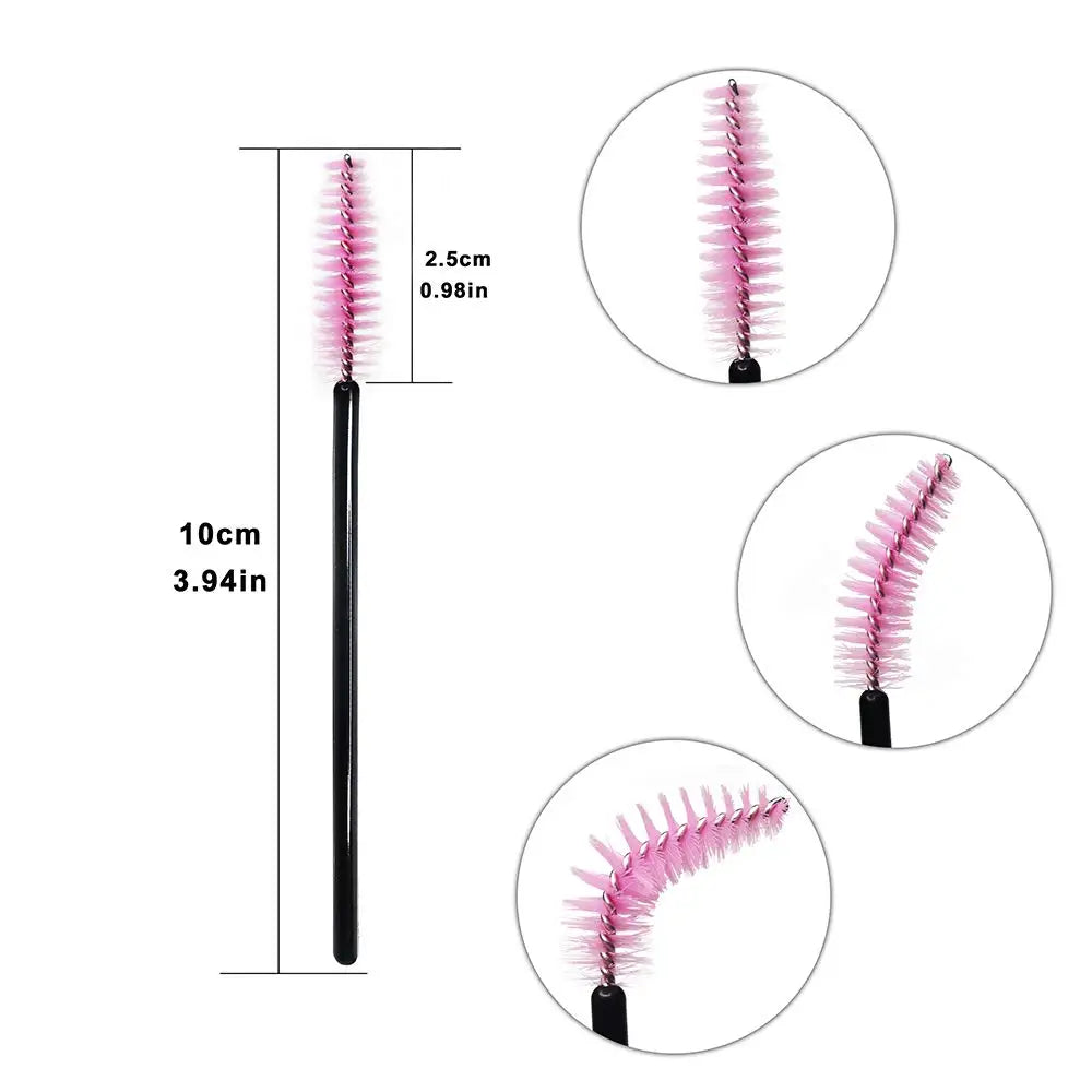 Disposable eyelash spoolie brush with pink bristles and a 10cm black handle, featuring a flexible wand head.