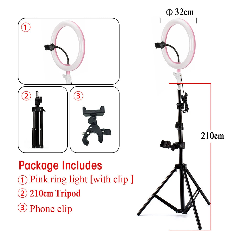 32cm pink ring light with phone clip on a 210cm adjustable black metal tripod stand for photography and video lighting.