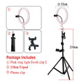 32cm pink ring light with phone clip on a 210cm adjustable black metal tripod stand for photography and video lighting.
