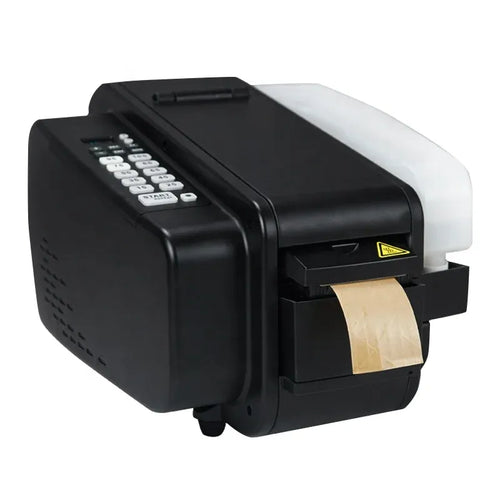 Black tape dispenser with keypad and kraft paper tape being pulled from tray