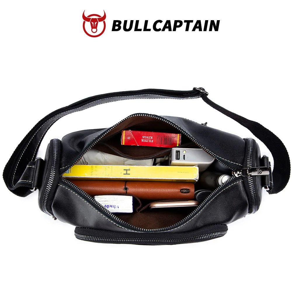 BULLCAPTAIN black cowhide leather messenger bag, top-down view showing organized main compartment and shoulder strap.