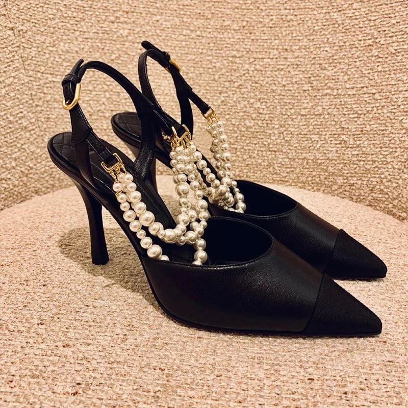 2026 Summer New Pointed High Heels Color Blocked Pearl Chain Toe Women's Sandals