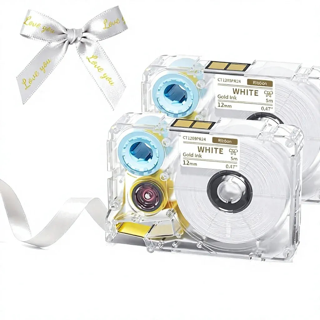 White satin ribbon with gold printed text, tied into a gift bow