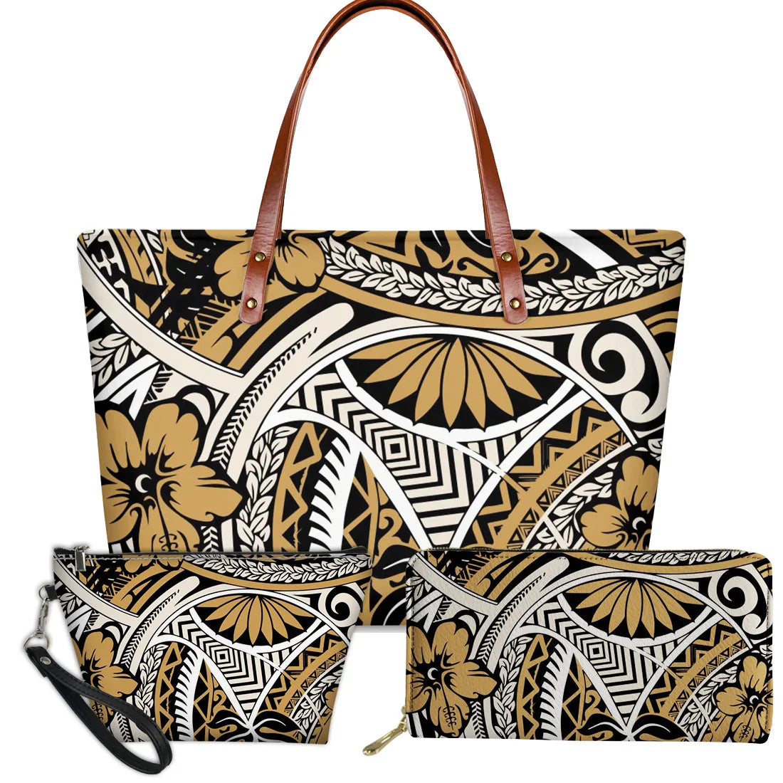 3-piece set of black, gold, and white Polynesian tribal handbags with floral patterns and brown leather straps.