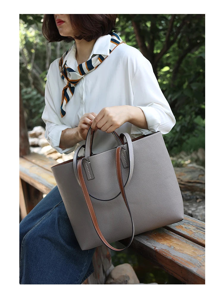Women Luxury Genuine Leather Tote Soft Cowhide Handbag Two Sides Available Using Shoulder Bags Versatile And Durable