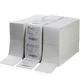 White thermal shipping label fanfold stack with multiple barcoded label sheets