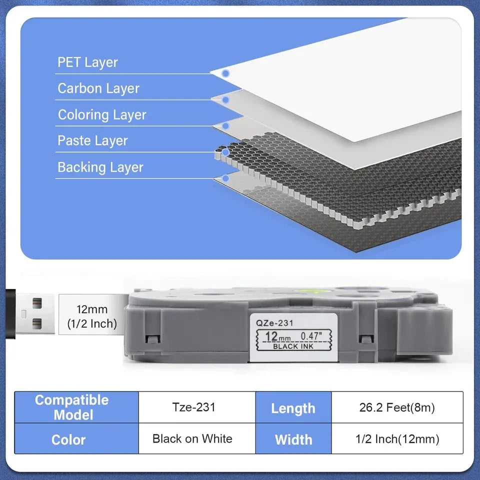 12mm TZe-231 thermal transfer ribbon cassette, black on white, 26.2 ft length