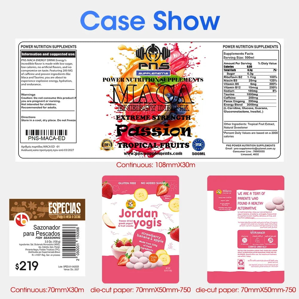 Printed label samples on label paper sheets with colorful designs