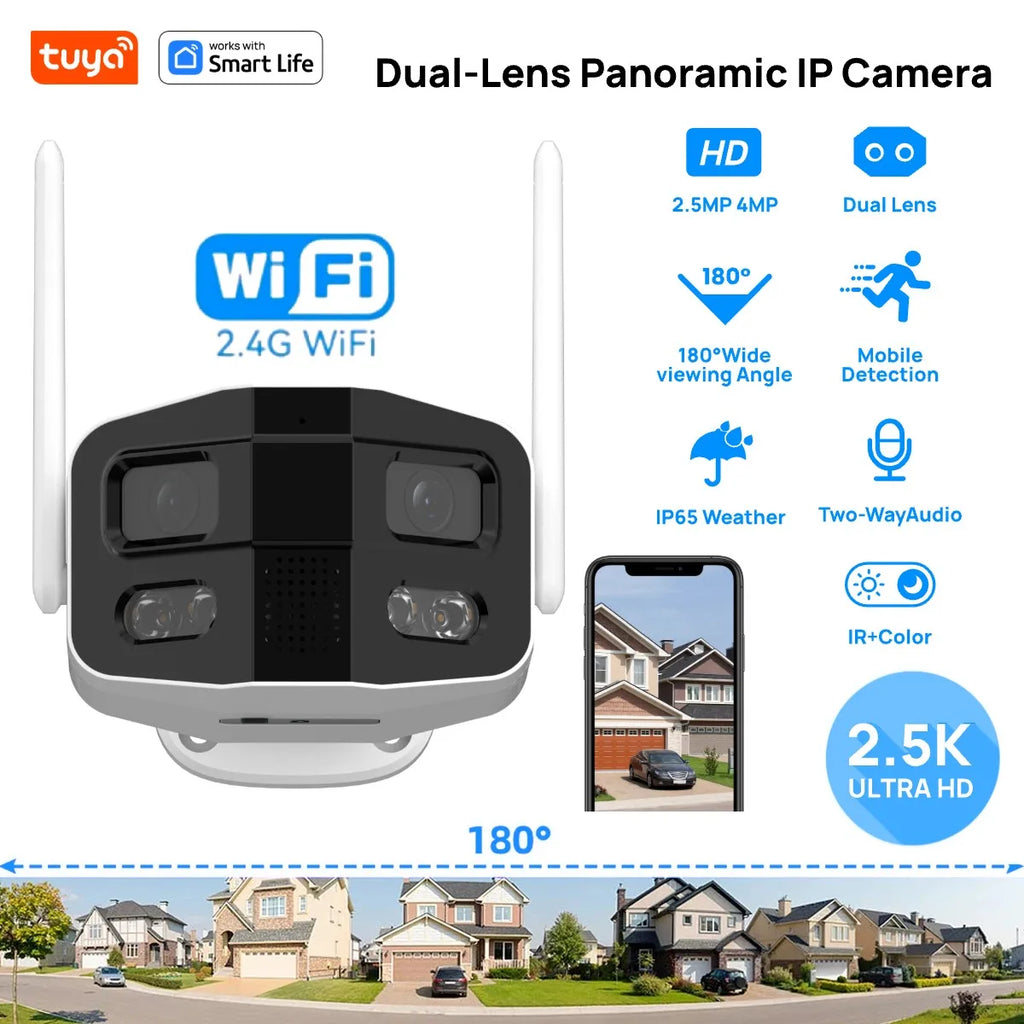 Tuya Smart 4MP 2.5K Dual-Lens Large Wide 180 Degree Security Outdoor Camera with Color Night Vision 2-Way Talk IP Camera Tidesmit