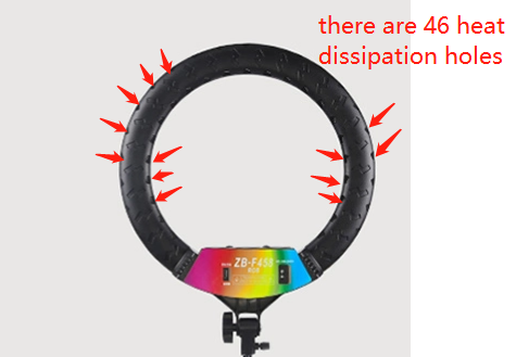 Black circular LED ring light with 46 heat dissipation holes and a rainbow-colored control base.