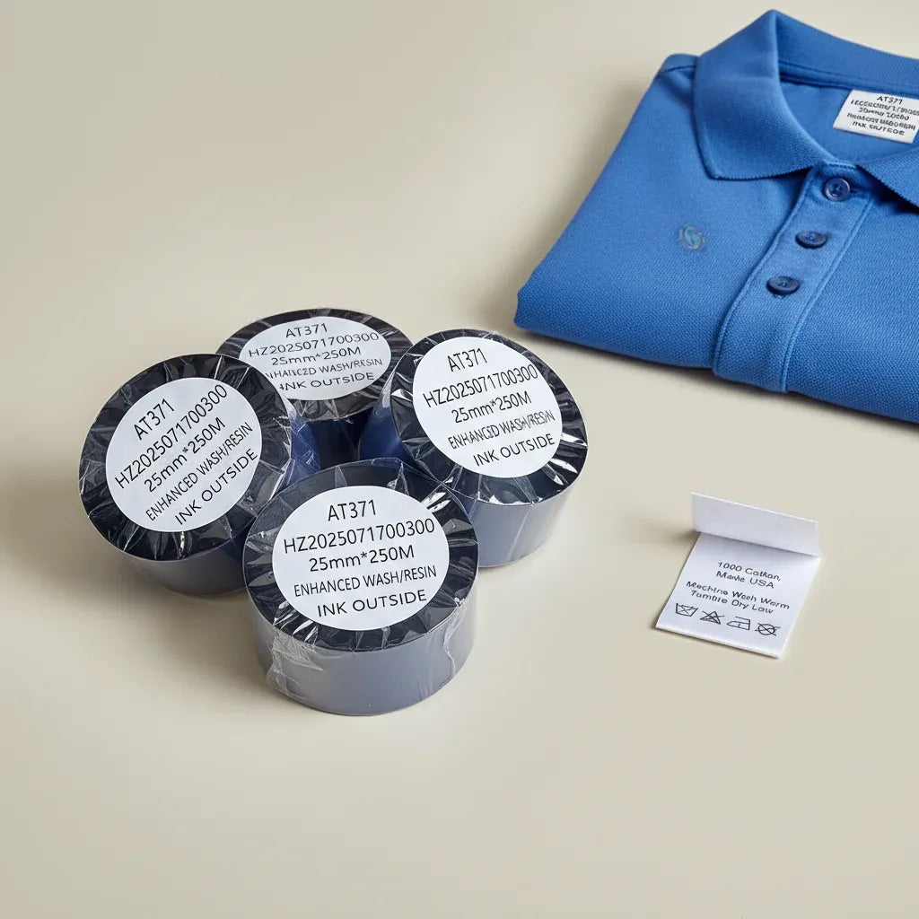 Black thermal transfer ribbon rolls labeled AT371, with small wash label sample