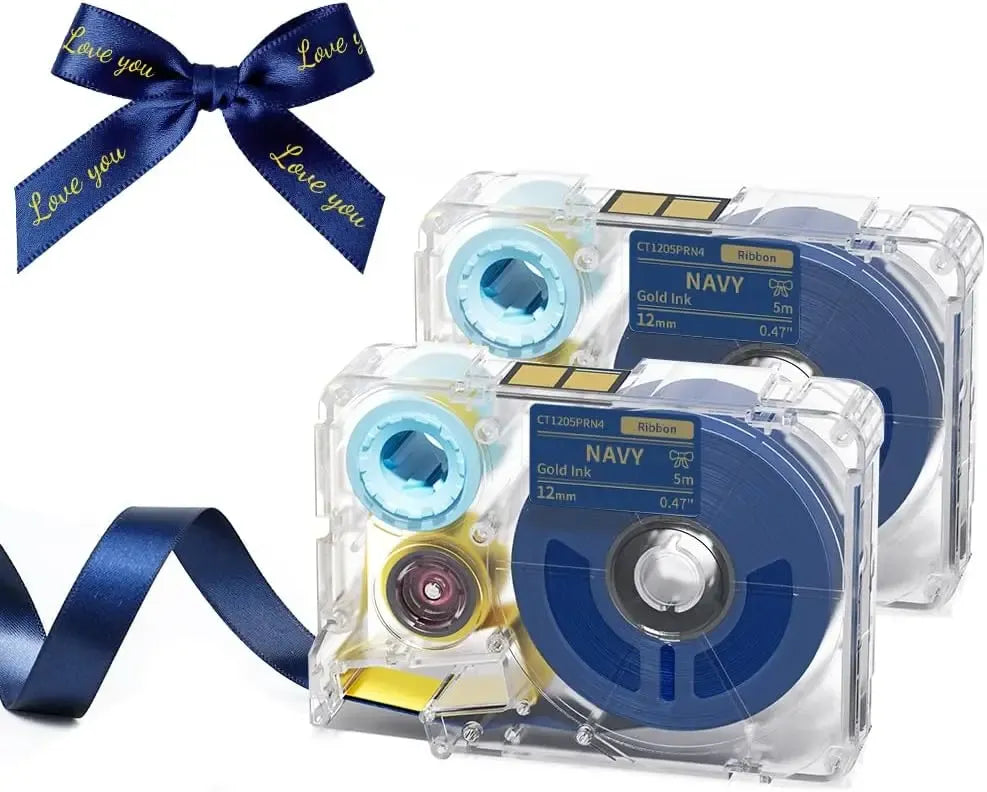 Navy satin ribbon tape with gold "Love you" print, shown in a bow with label cartridges