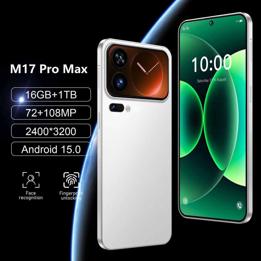 M17 Pro Max 5G smartphone with 7.3 inch OLED display 16GB RAM 1TB storage and high resolution 108MP camera system